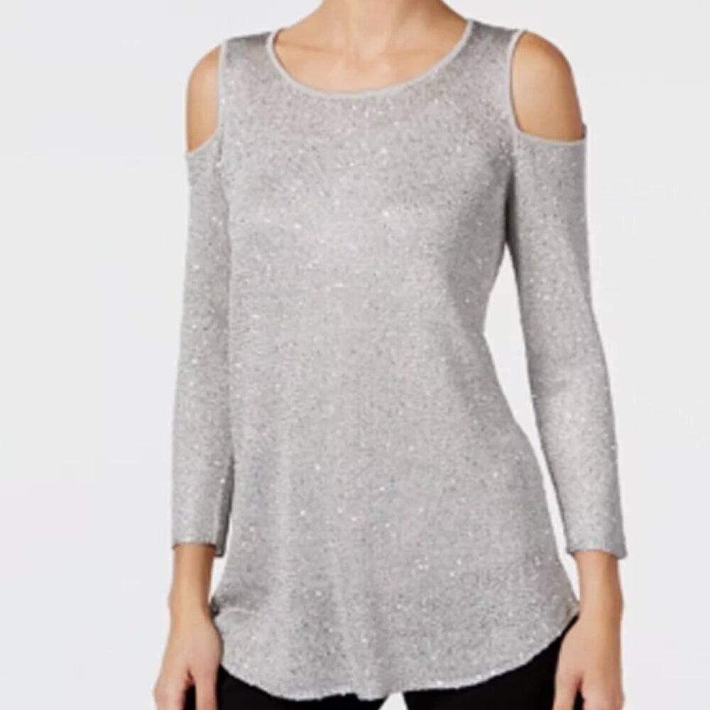 EUC Alfani Women's Gray Sequined Cold-Shoulder Sweater, MSRP $69, S